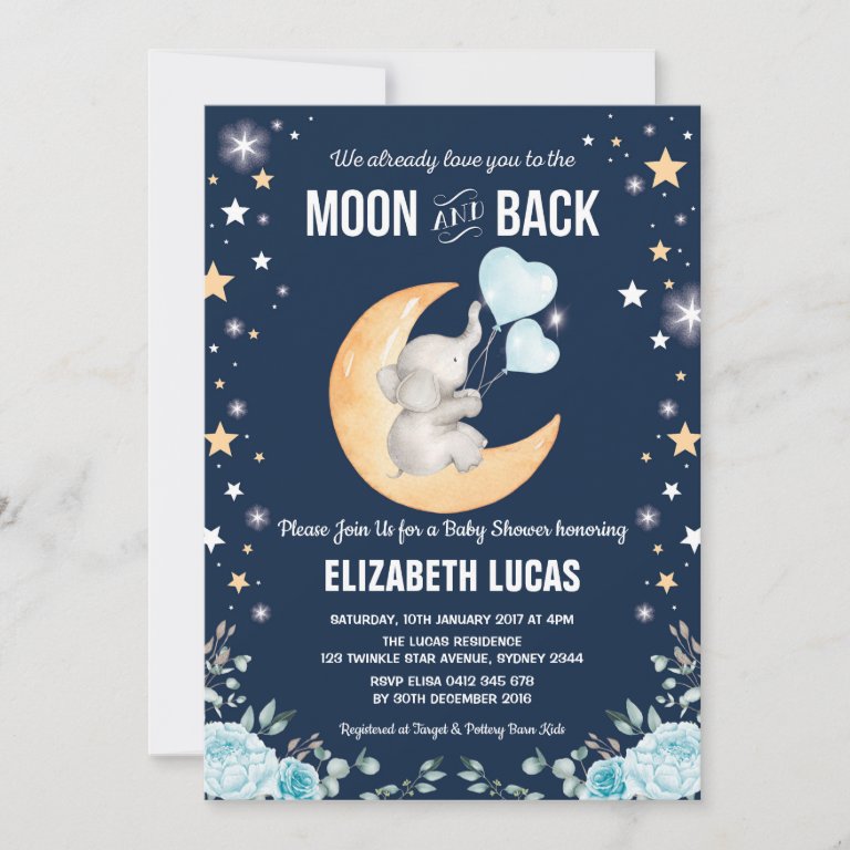 Blue Elephant Balloon Moon &amp; Back Boy Baby Shower Invitation