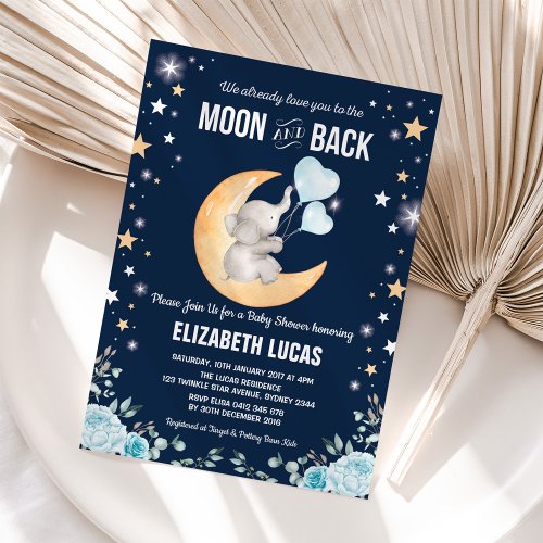 Blue Elephant Balloon Moon  Back Boy Baby Shower Invitation