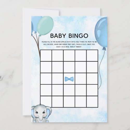 Blue Elephant Balloons Baby Shower Baby Bingo Card