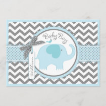 Blue Elephant Bird and Chevron Print Baby Shower Invitation