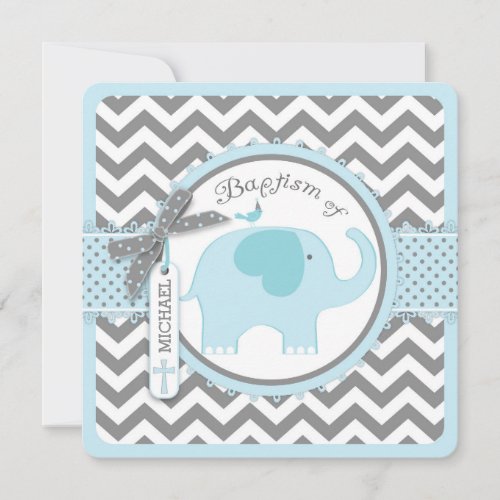 Blue Elephant Bird and Chevron Print Baptism Invitation