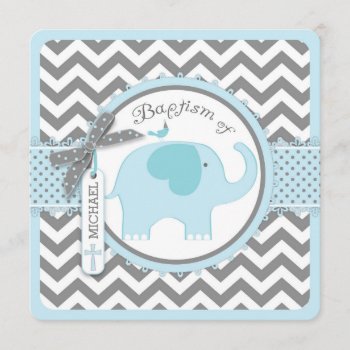 Blue Elephant Bird And Chevron Print Baptism Invitation by NouDesigns at Zazzle