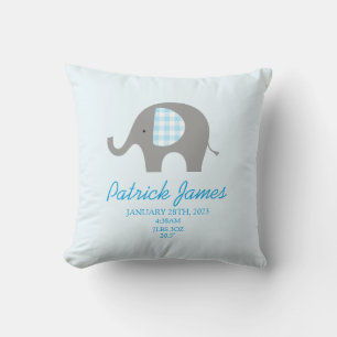 Blue Elephant Birth Stat Boy Baby Nursery Throw Pillow