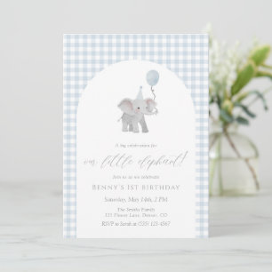 Blue Elephant Blue Gingham Birthday Watercolor Invitation