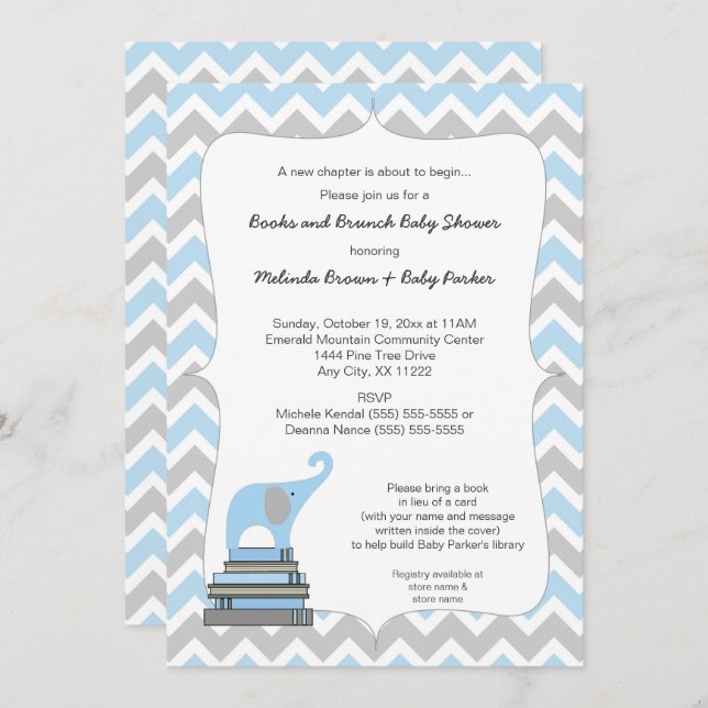 Blue Elephant Book Baby Shower, books and brunch Invitation (Front/Back)