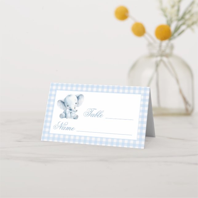 Blue Elephant Bow Baby Boy Table Numbers Tent Place Card (Front)