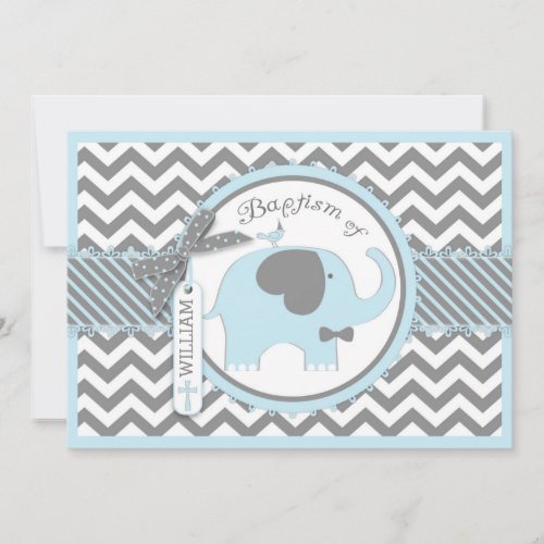 Blue Elephant Bow Tie and Chevron Print Baptism Invitation