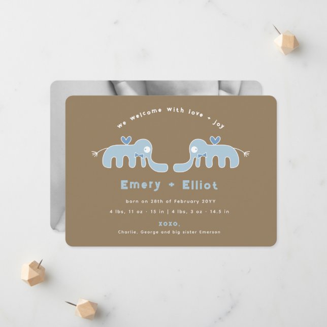 Blue Elephant Bow Tie Baby Boy Birth Announcement (Front/Back In Situ)