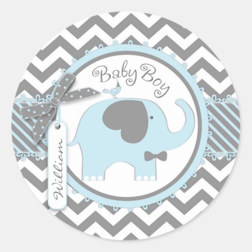 Blue Elephant Bow_tie Chevron Print Baby Shower Classic Round Sticker