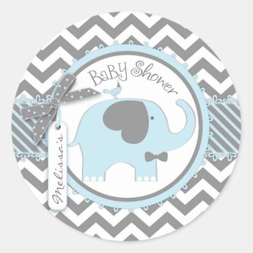 Blue Elephant Bow_tie Chevron Print Baby Shower Classic Round Sticker