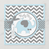 Blue Elephant Bow-tie Chevron Print Baby Shower Invitation