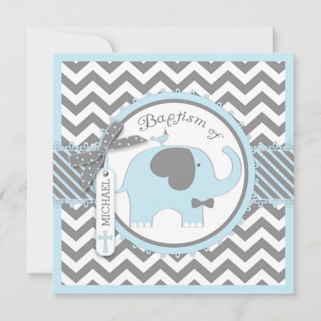 Blue Elephant Bow Tie Chevron Print Baptism Invitation (Front)