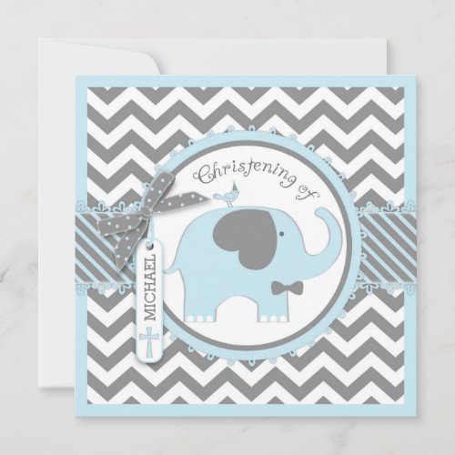 Blue Elephant Bow Tie Chevron Print Christening Invitation