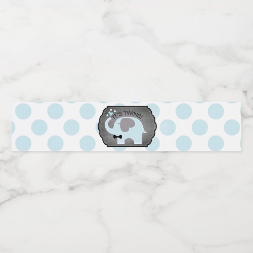 Blue Elephant Bow_tie Dots Twin Boys Baby Shower Water Bottle Label