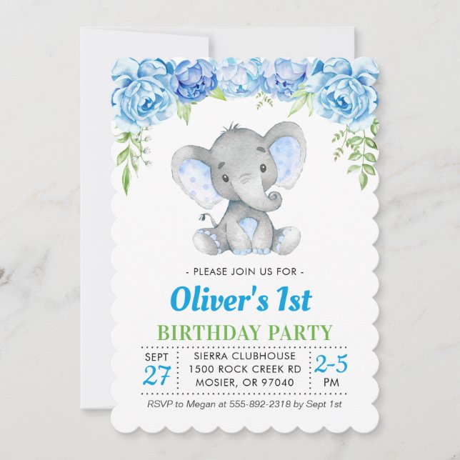 Blue Elephant Boy 1st First 2nd Birthday Party Invitation (Front)