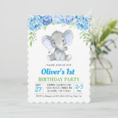 Blue Elephant Boy 1st First 2nd Birthday Party Invitation (Standing Front)