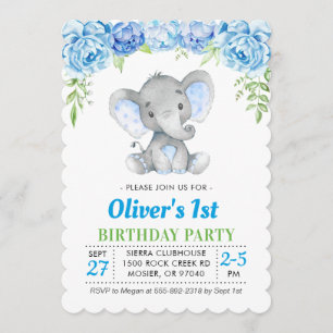 Blue Elephant Boy 1st First 2nd Birthday Party Invitation