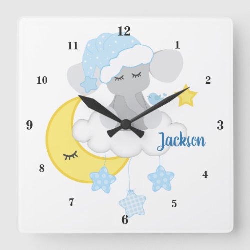 Blue Elephant Boy Baby Nursery Star Moon Cloud Square Wall Clock