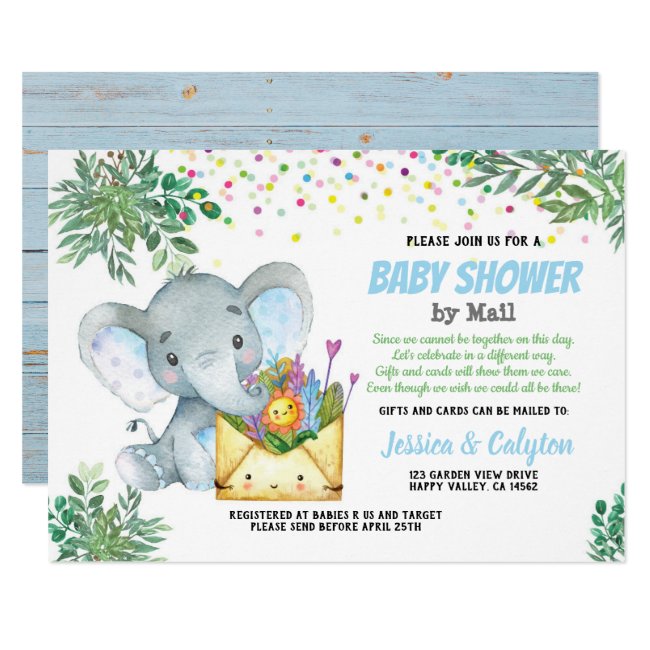 Blue Elephant boy baby shower by mail greenery Invitation