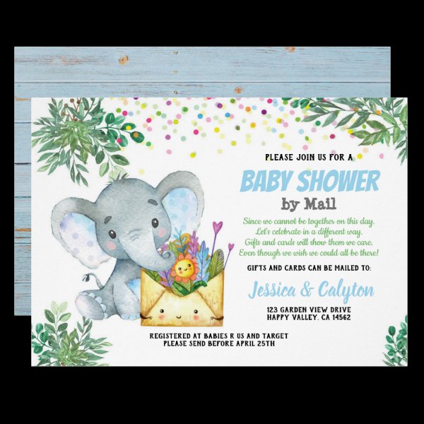 Blue Elephant boy baby shower by mail greenery Invitation