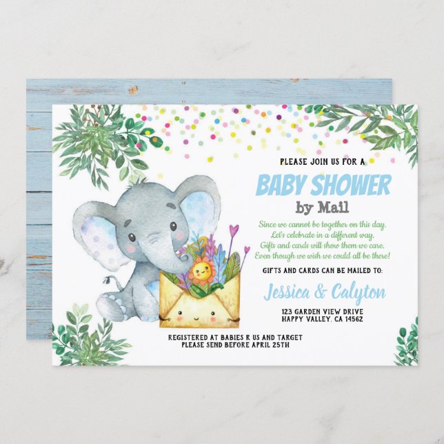 Blue Elephant boy baby shower by mail greenery Invitation (Front/Back)