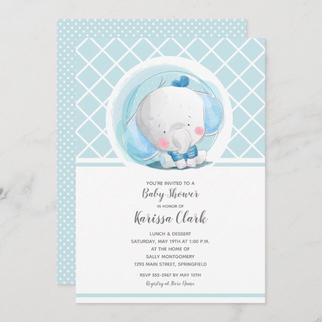 Blue Elephant Boy Baby Shower Invitation (Front/Back)