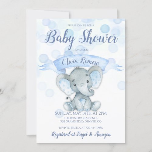 Blue Elephant Boy Baby Shower Invitation