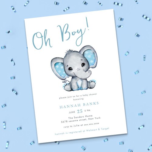Blue Elephant Boy Baby Shower Invitation