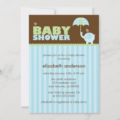 Blue Elephant Baby Shower Invitations