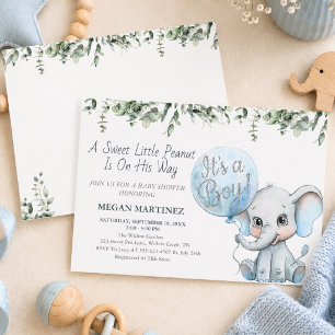Blue Elephant Boy Baby Shower Little Peanut   Invitation