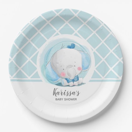 Blue Elephant Boy Baby Shower Paper Plate