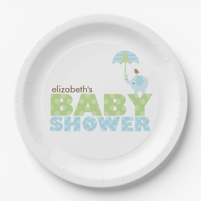 Blue Elephant Boy Baby Shower Paper Plates (Front)