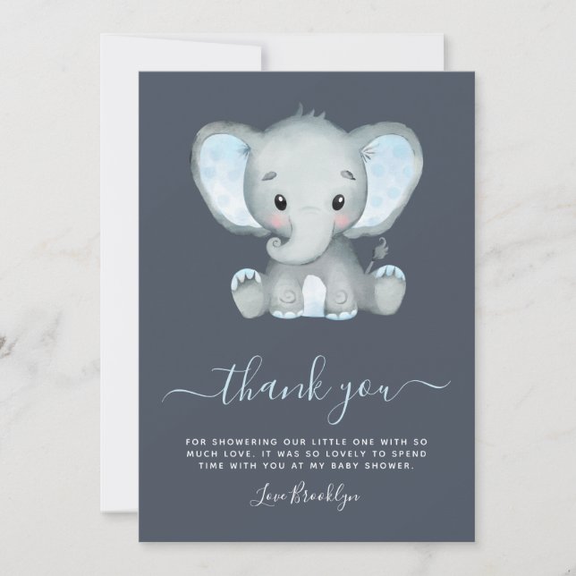 Blue Elephant Boy Baby Shower Thank You Card (Front)