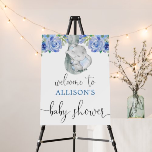 Blue elephant boy baby shower welcome sign