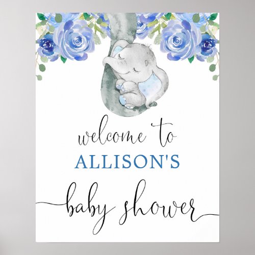 Blue elephant boy baby shower welcome sign
