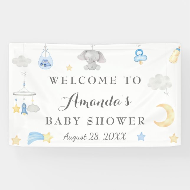 Blue Elephant Boy Baby Stuff Baby Shower Backdrop Banner (Horizontal)
