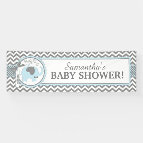 Blue Elephant Boy Chevron Baby Shower Banner