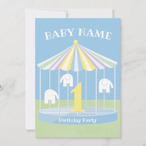 Blue Elephant Carousel 1st Birthday Party Invitation