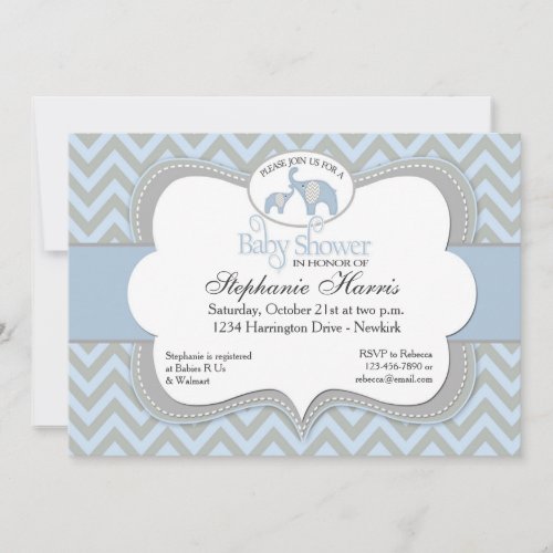 Blue Elephant Chevron Baby Shower Invitation