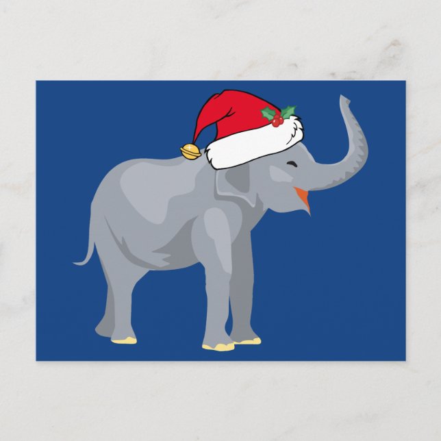 Blue Elephant Christmas Cute Animal Santa Claus Holiday Postcard (Front)