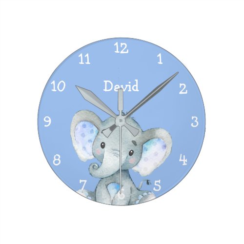 Blue Elephant Cute Baby Boy Name Personalized Round Clock