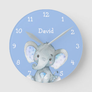 Blue Elephant Cute Baby Boy Name Personalized Round Clock