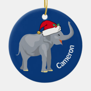 Blue Elephant Cute Monogram Christmas Ceramic Ornament