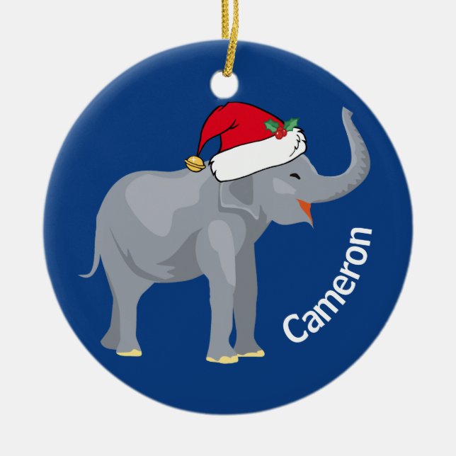 Blue Elephant Cute Monogram Christmas Ceramic Ornament (Front)