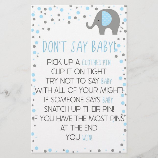 Blue Elephant Don't Say Baby Shower Game Stationery (Front)