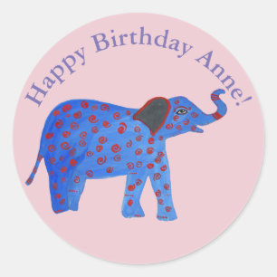 Blue Elephant Drawing Personalized Round Sticker