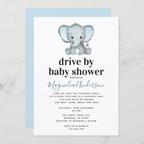 Blue Elephant Drive By Baby Shower Invitation