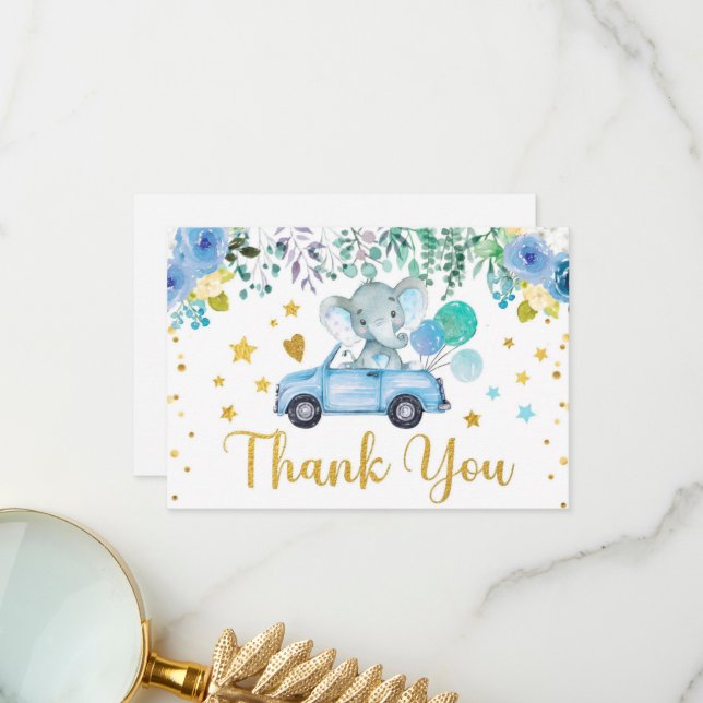 Blue Elephant Drive Through Baby Shower Car Thank You Card (Front/Back In Situ)