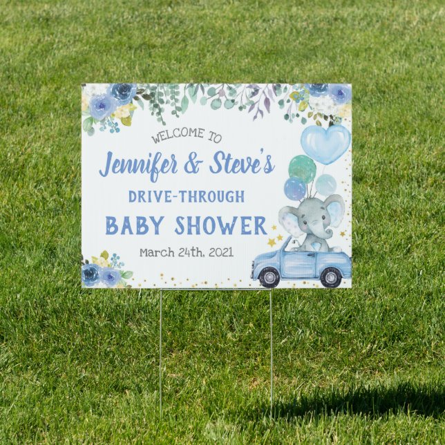Blue Elephant Drive Through Boy Baby Shower Parade Sign (Insitu)