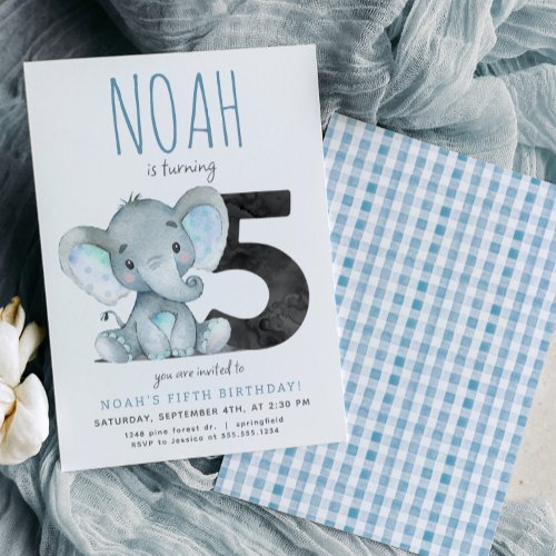 Blue Elephant Fifth Birthday Invitation